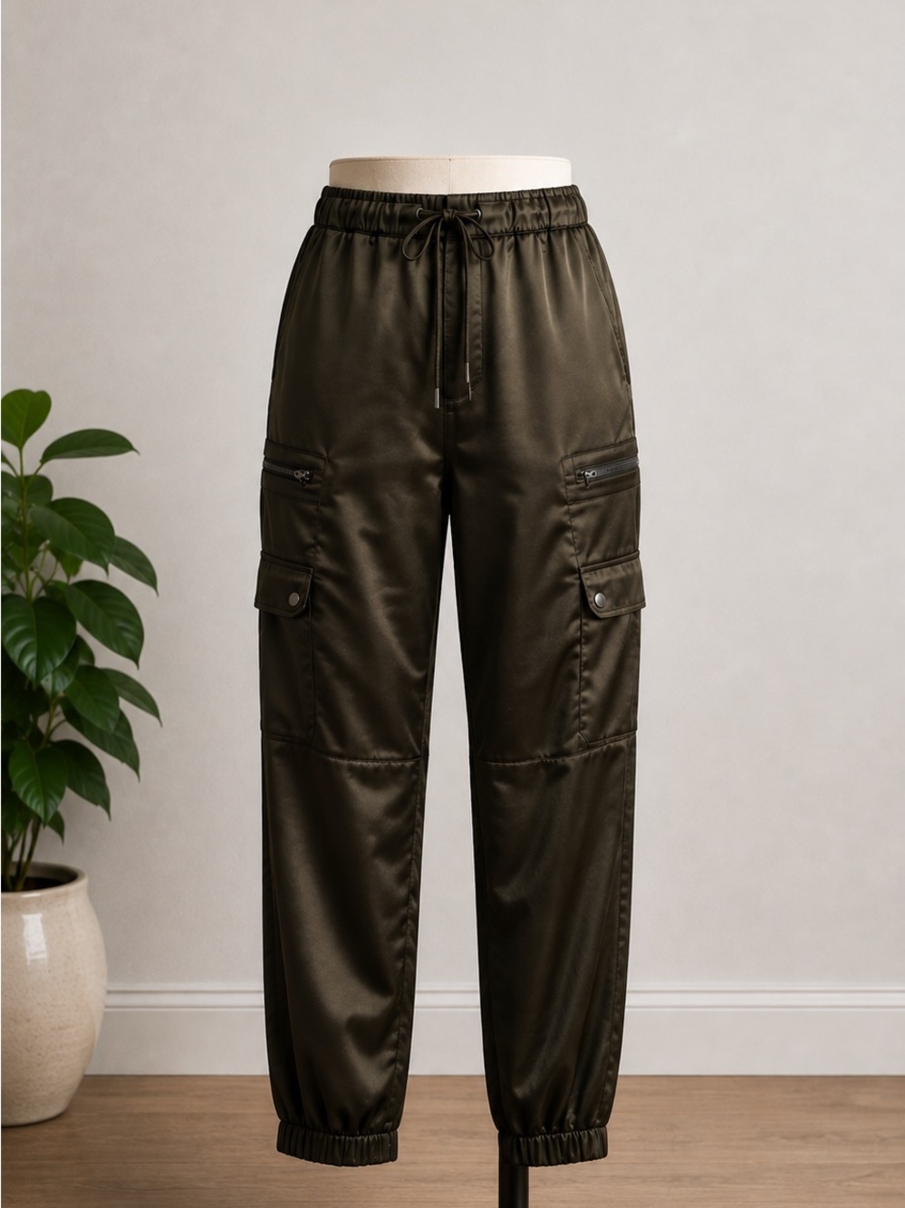 Olive Green Satin Cargo Jogger Pants – Utility Pocket Style